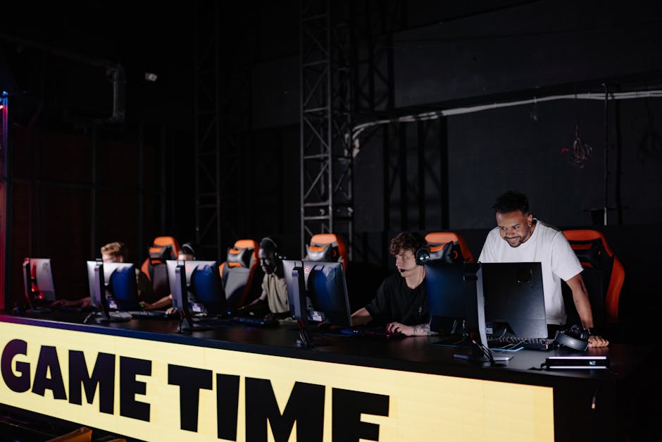 High-tech electronic gaming tournament with digital displays and competitive players
